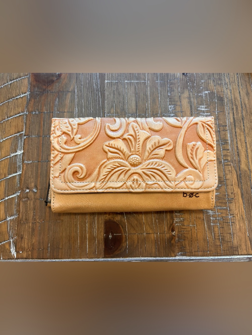 B.O.C. Born concepts floral embossed faux leather trifold wallet- camel